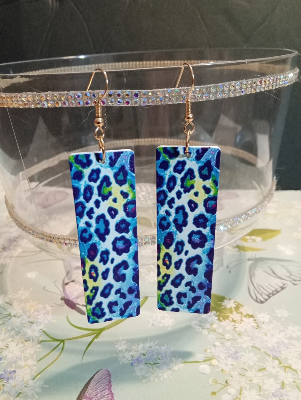 Blue Leopard-Print Rectangle Dangle Earrings — Unbranded